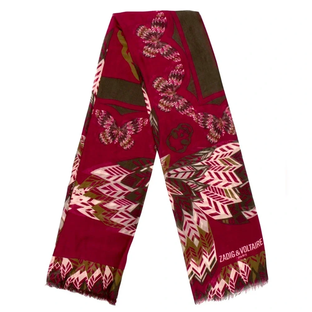 Zadig & Voltaire KERRY Butterfly Skull Feather Scarf 🧣 red NWT $198